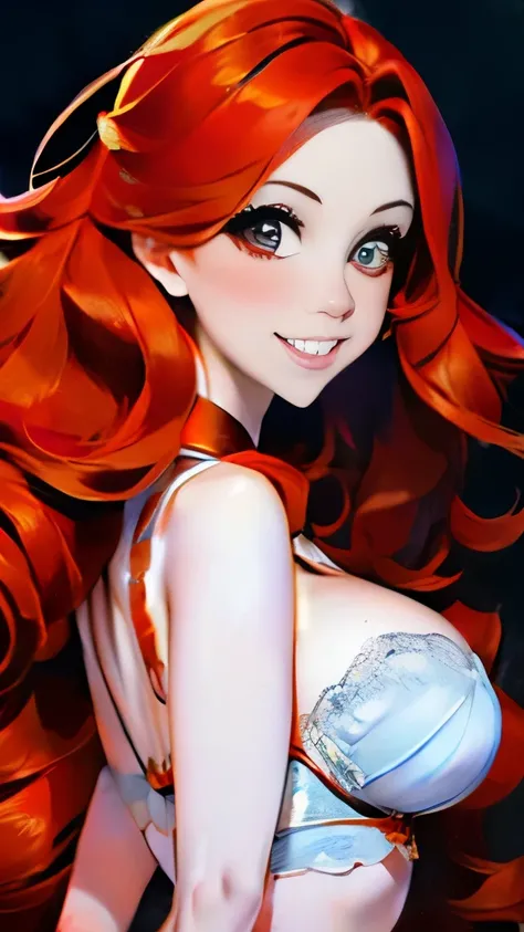 a woman with red hair and a red and white floral satin bra top, amouranth, better known as amouranth, amouranth as a super villain, young beautiful amouranth, ginger wavy hair, long wavy orange hair, orange glowing hair, orange skin and long fiery hair, fl...