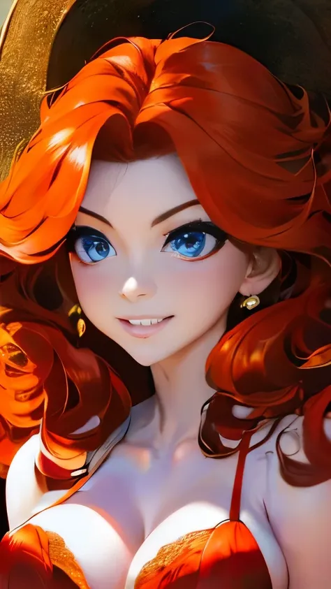 a woman with red hair and a red and white floral satin bra top, amouranth, better known as amouranth, amouranth as a super villain, young beautiful amouranth, ginger wavy hair, long wavy orange hair, orange glowing hair, orange skin and long fiery hair, fl...