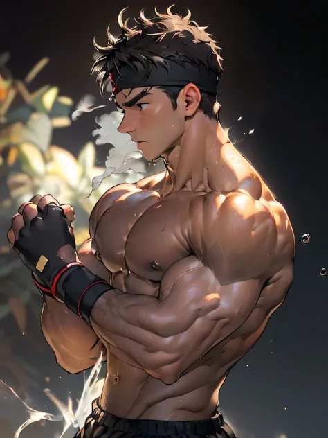 ((masterpiece, best quality)), (((((Black Background, Dark night, (Depth of field:1.2), upper body, side shot:1.2))))), (19 year old boy, Young guy, muscler, Shirtless, topless), ((((1boy, solo, tough, reliable)))), (Dark Short straight hair, ((almost comp...