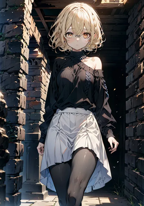 アイスWallenstein, Wallenstein, blonde, Hair between the eyes, hair band, Long thick braids,Glasses, (Yellow Eyes:1.5),One-shoulder sweater,Long skirt,Black pantyhose short boots,Walking,Daytime,Clear skies,whole bodyがイラストに入るように,　　　　　　　　　　　　　　　　　　break lookin...