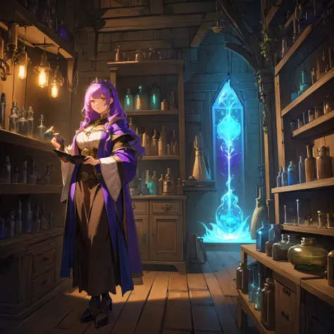 a woman is standing next to a large vase, she is in the potions workshop, making medicines, fantasy alchemist laboratory, put a ...