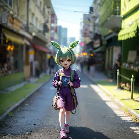 cheeky green haired zundamon(((((in the form of a child)))))walking around the city、a bit,