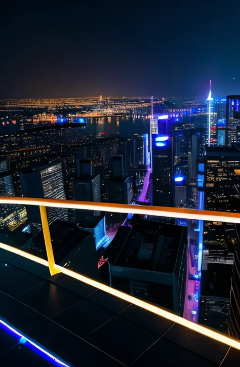 scene with the point of view being from a high place, such as a roof or balcony. The view is of many super technological buildings with various neon elements and vibrant colors. Its night with a mysterious vibe