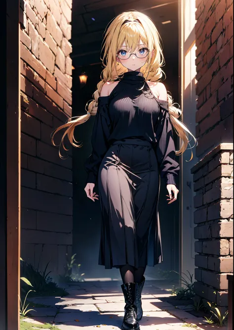 Alicesburg, Alice Zuberg, bangs, blue eyes, Blonde, Hair between the eyes, hair band, Long thick braids,Glasses,One-shoulder sweater,Long skirt,Black pantyhose short boots,Walking,Daytime,Clear skies,whole bodyがイラストに入るように,
break outside, Building district,...