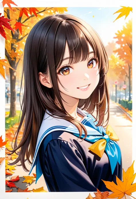 Beautiful girl,Autumn theme,art,advertisement,Colored pencil drawing,draft 、Cute school uniform, Beautiful Face、Kanna Hashimoto、Smile、Masterpiece、Ultra high definition、
