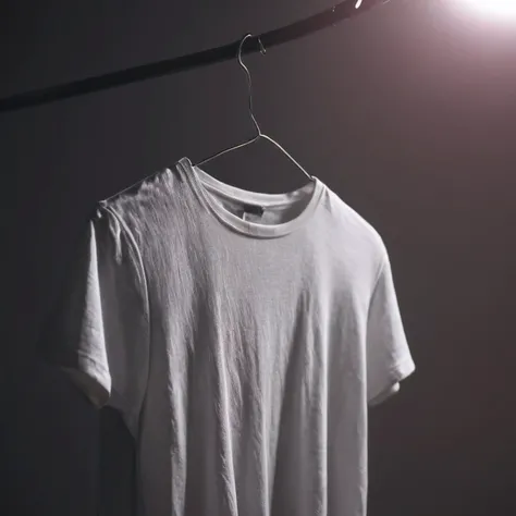 Close-up of a white t-shirt hanging on a hanger, elegant, Very detailed, Dramatic Light, Sharp focus, Illuminated, Majestic, Very rich, Cinematic colors, Bright colors, perfection, beautiful, Very moving, The finer details, Clear Artistry,