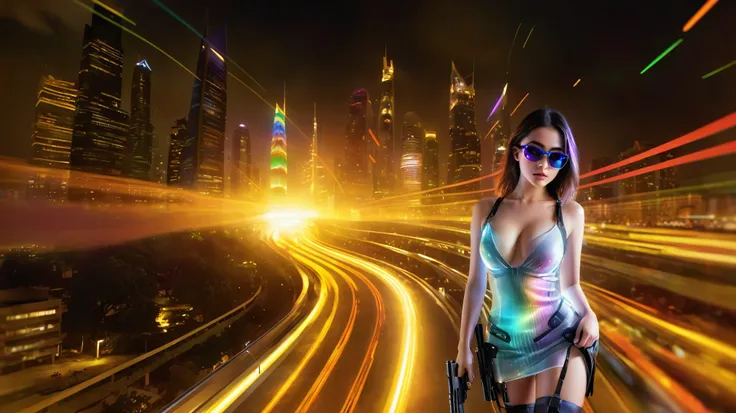 Estilo: arte conceitual. A cena: Futuristic cityscapes with colorful all-glass towering skyscrapers, sleek aerodynamic vehicles speeding through the air, rainbow colors waterfalls. High-resolution OLED GUI interfaces in the building, The windows are filled...