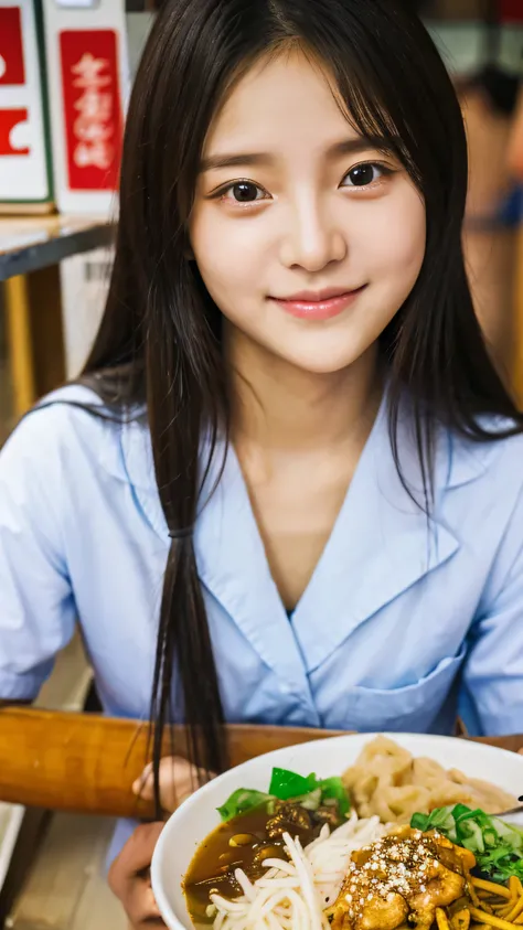 student girl korean cute　face　model studio photo double　background her Korean food stall, out door, Detail 