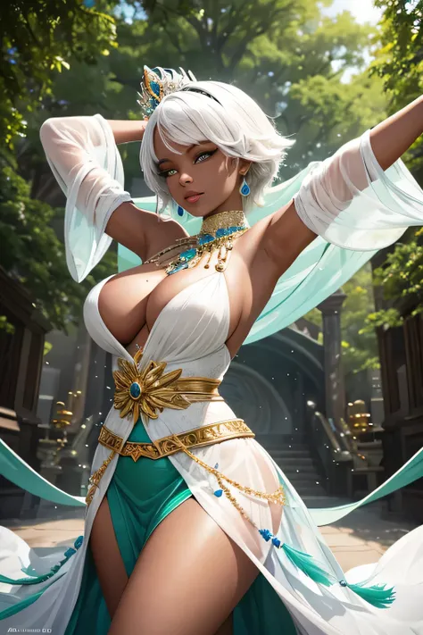 "A stunning black princess with striking short white hair stands out against the vibrant backdrop of a grand ceremonial stage in the heart of Emerald City, the capital of Zara Kingdom. Her deep, ebony skin contrasts beautifully with her gleaming white hair...