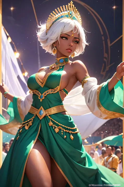 "A stunning black princess with striking short white hair stands out against the vibrant backdrop of a grand ceremonial stage in the heart of Emerald City, the capital of Zara Kingdom. Her deep, ebony skin contrasts beautifully with her gleaming white hair...