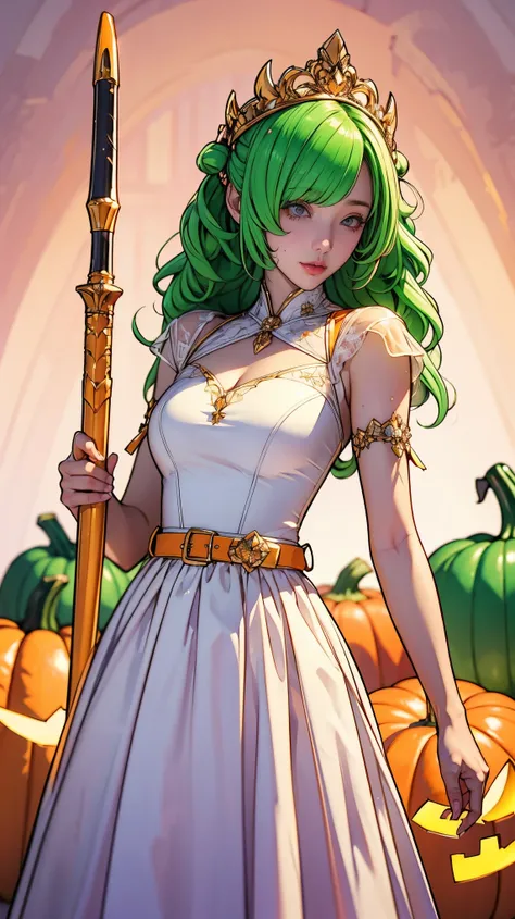 Slimeガール, (Slime), Slimeヘア ダブルおだんごヘアスタイル, Pumpkin Orange, White Princess Dress with Weapon Belt, masterpiece, Highest quality