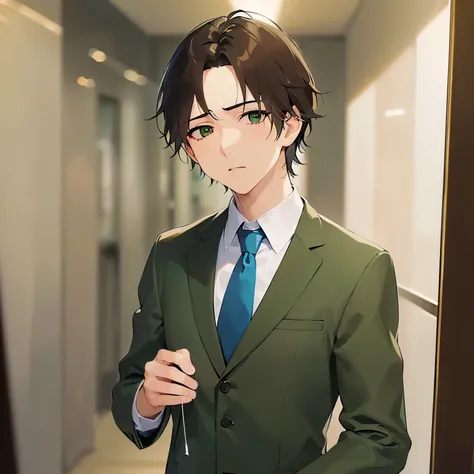 hand up, upper body、 masterpiece、Highest quality、(25-year-old male:1.5) and (Brown short hair) and (green eyes), BREAK (suit:1.5) and (Blue tie） BREAK 立っている、sad、The background is a company corridor、alone、Upper body is shown