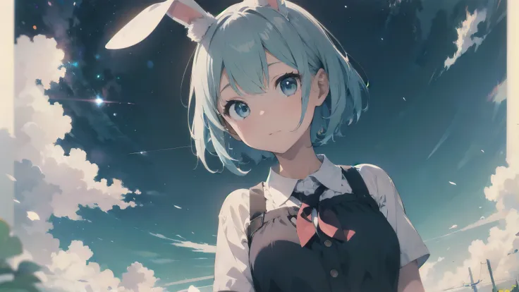 Highest quality, pretty girl, pastel colour, Fluffy white bunny ears,Light blue hair,Short Bob,Light blue eyes,Background is solid color,pop、colorful,wallpaper