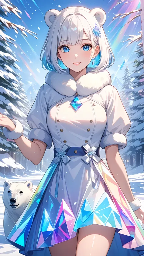 Highest quality　masterpiece　High resolution　masterpiece, white Bob, blue Eyes, blunt cut, prismatic,holographic, Chromatic, colorful, polar bear, smile, winter dress,snowfall 