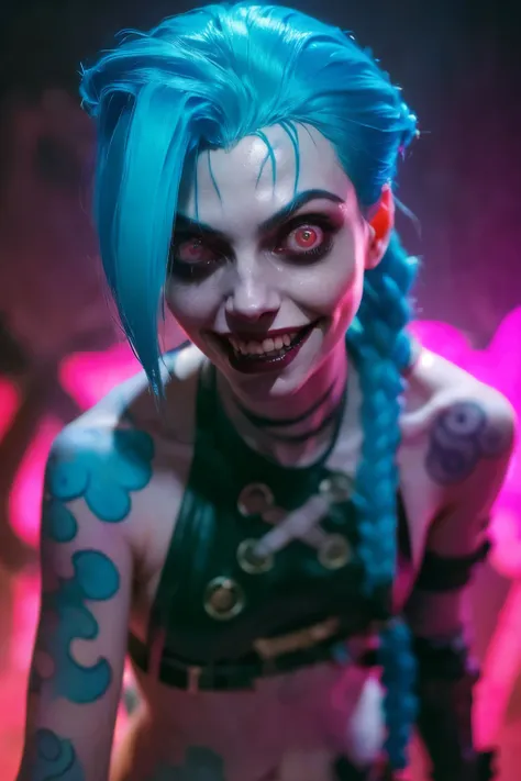 hyper realistic super detailed jinx cosplay ,(( young girl, 15 years old)) , very detailed, (hyper realistic: 1.4), ((in dynamic...