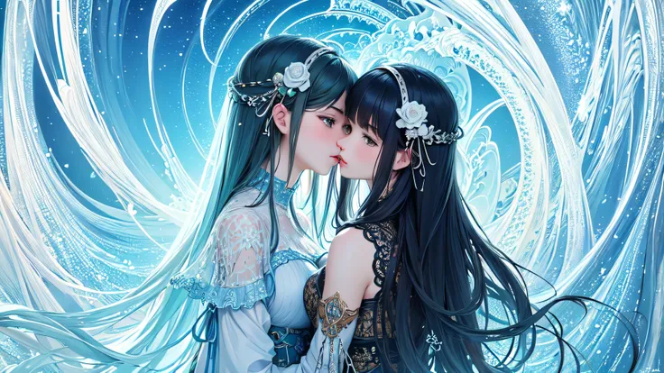 (masterpiece, Highest quality, Highest quality, Official Art, beautifully、aesthetic:1.2), (Two Girls), Very detailed,(Fractal Art:1.3),symmetry,Most detailed、Kissing、