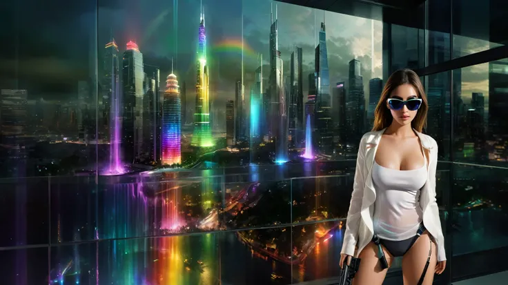 Estilo: arte conceitual. A cena: Futuristic cityscapes with colorful all-glass towering skyscrapers, sleek aerodynamic vehicles speeding through the air, rainbow colors waterfalls. High-resolution OLED GUI interfaces in the building, The windows are filled...