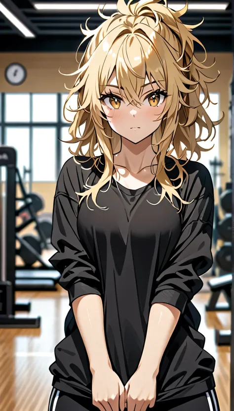 Beautiful and blond, messy hair, wearing all black, free arms, gym, looking at the viewer,