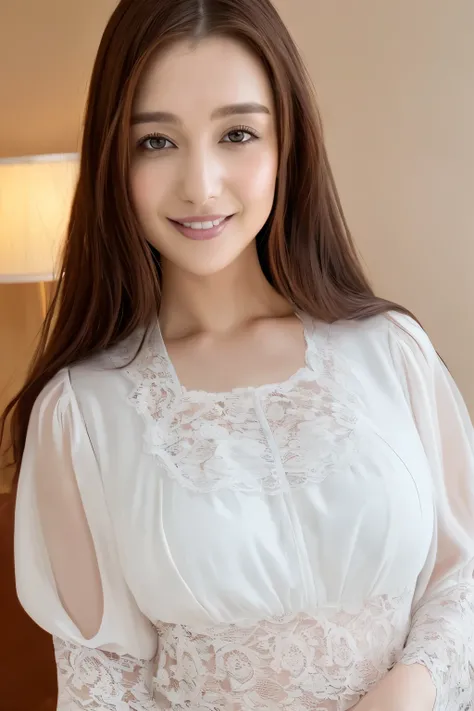 ((Highest quality、masterpiece、8k、Best image quality、Hyperrealism、Award-winning works)), One Girl,  Big Breasts (Elegant lace blouse: 1.1), Very beautiful face, Delicate eyes, double eyelid, smile, Home, (Face close-up:1.1)