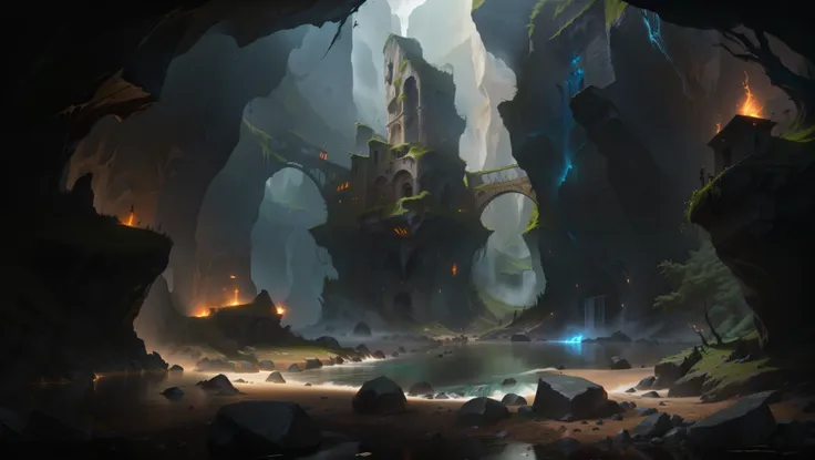 there is a ruined castle in the middle of the cave，there is a river next to it,, senior concept artist, elf building,  height re...