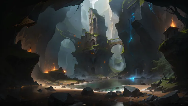 There is a ruined castle in the middle of the cave,There is a river next to it,, senior concept artist, Elf Building, Height Rendering, 4K ,Diablo concept art,Stylized interface