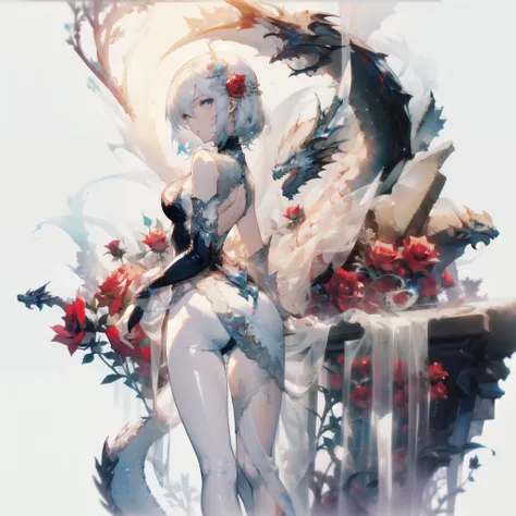 ((masterpiece, best quality)), Delicate face，Dragon Girl，whole body，Standing picture，Perfect body proportions，Long legs，Handsome short hair，beautiful eyes，Fantasy style，White background，Extremely beautiful，knight，Rose，transparent，Sexy bikini，Lace，exposed