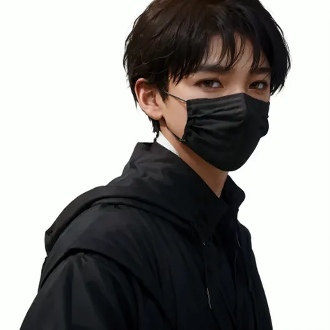 A young handsome man with slightly wavy black hair, partially covering his forehead, wearing a black face mask and black attire. He has expressive dark brown eyes and fair skin, with a neutral or slightly serious expression. The background is plain and whi...