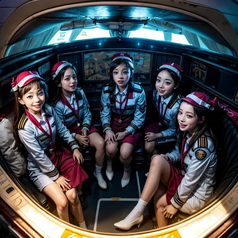 SFW,  ExtremelyDetailed (((Air crew Kids group in Kidzania:1.4))), perfect face, Reflective Eyes, Detailed(Delicate Clothing textures), Corrected Leg to Foot Line, ((Specular Reflection:1.28)), TopQuality 8K Ultra-detailed masterpiece (ProfessionalPhoto:1....