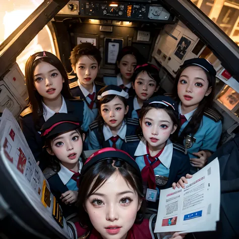 SFW,  ExtremelyDetailed (((Air crew Kids group in Kidzania:1.4))), perfect face, Reflective Eyes, Detailed(Delicate Clothing textures), Corrected Leg to Foot Line, ((Specular Reflection:1.28)), TopQuality 8K Ultra-detailed masterpiece (ProfessionalPhoto:1....