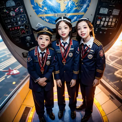 SFW,  ExtremelyDetailed (((Air crew Kids group in Kidzania:1.4))), perfect face, Reflective Eyes, Detailed(Delicate Clothing textures), Corrected Leg to Foot Line, ((Specular Reflection:1.28)), TopQuality 8K Ultra-detailed masterpiece (ProfessionalPhoto:1....