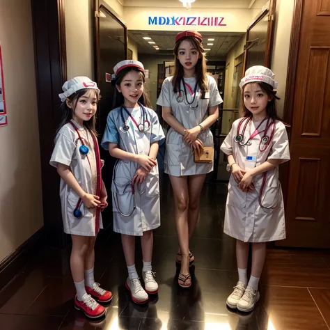 SFW,  ExtremelyDetailed (((Medical Kids group in Kidzania:1.4))), perfect face, Reflective Eyes, Detailed(Delicate Clothing textures), Corrected Leg to Foot Line, ((Specular Reflection:1.28)), TopQuality 8K Ultra-detailed masterpiece (ProfessionalPhoto:1.3...