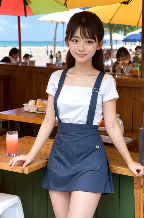 21 years old girl (Japanese cute face) is wearing apron, mini skirt and has fluits drink at the beach bar