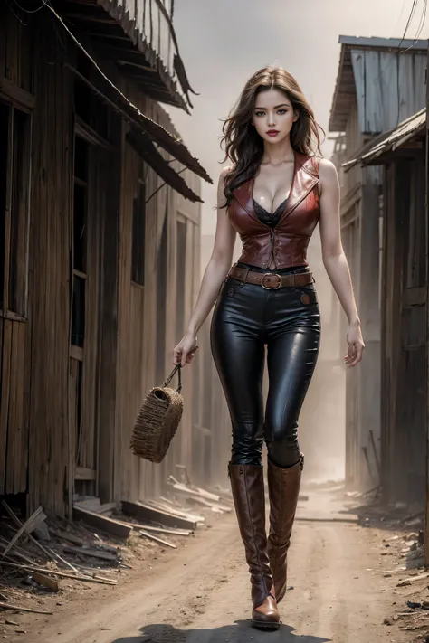 Full body cowboy woman circa 1880s, Brown curly hair, Brown eyes, High arched eyebrows, Slender and graceful neck, Red lips, Large Breasts, Brown Leather Tights, Sleeveless Brown Leather Vest, Leather Boots, Walking on the dusty sandy streets of a deserted...