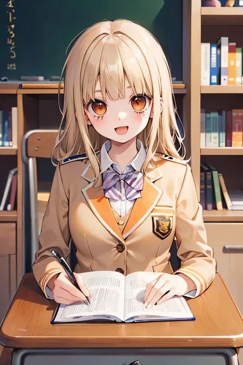 beautiful cute girl,(beige hair:1.2),,(orange eyes:1.2),((school costume:1.2)),((check blazer uniform:1.2)),(open your mouth:1.1),smile,(study:1.1),(study room:1.1).