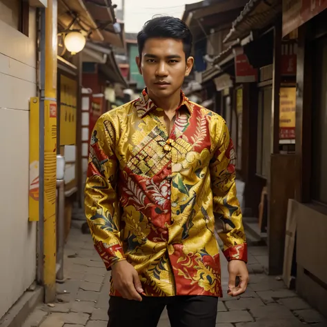 ((best quality)), ((masterpiece)), (detailed), 25 years old Indonesian men wearing indonesia batik ,bright color yellow and red  repetitive patern batik , blazzer, shop street, highly detailed, intricate, 8k octane rendering