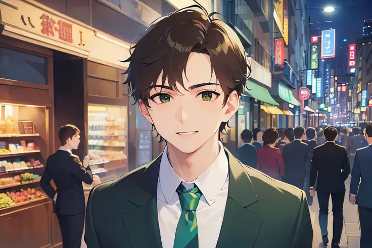 upper body、 masterpiece、Highest quality、(25-year-old male:1.5) and (Brown short hair) and (green eyes), BREAK (suit:1.5) and (Blue tie） BREAK 立っている、smile、The background is a shopping street at night、alone、Upper body is shown