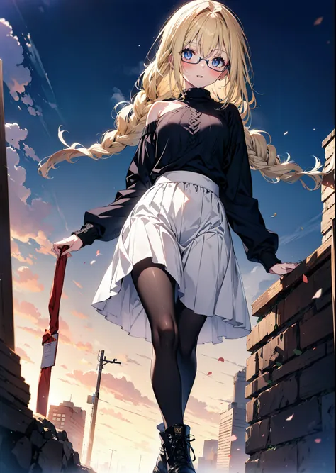 Alicesburg, Alice Zuberg, bangs, blue eyes, Blonde, Hair between the eyes, hair band,smile,blush,Open your mouth, Long braids,Glasses,One-shoulder sweater,Long skirt,Black pantyhose short boots,Walking,Daytime,Clear skies,whole bodyがイラストに入るように,
break outdo...