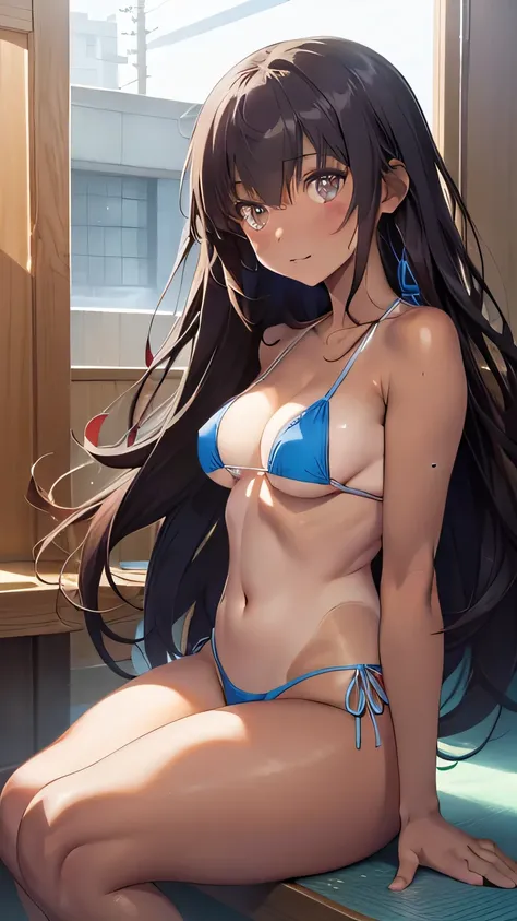 (Very detailed CG Unity 8k 壁紙),(masterpiece), (Highest quality), (Very detailed), (Best illustrations),(Best Shadow), Large Breasts、 Micro string bikini、Sandy Beach、(1. There are clear swimsuit tan lines.2)、A large number of people々、crowd、She is being look...