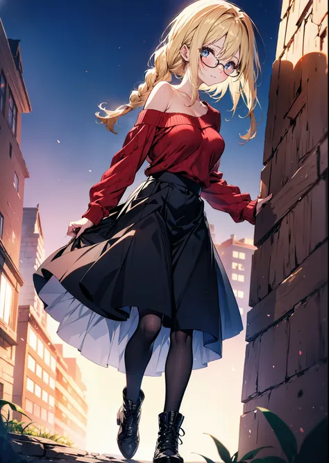 Alicesburg, Alice Zuberg, bangs, blue eyes, Blonde, Hair between the eyes, hair band,smile,blush,Open your mouth, Long braids,Glasses,One-shoulder sweater,Long skirt,Black pantyhose short boots,Walking,Daytime,Clear skies,whole bodyがイラストに入るように,
break outdo...