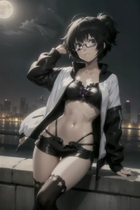 anime style  ,ultra detailed, sally , black hair  , happy face, crazy ,glasses , solo  jacket, open clothes,  underboobs  top,  ...