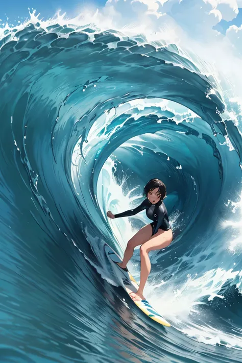 Female surfer riding a wave in the ocean early in the morning、Short Hair、Sexy and colorful swimwear、surfing、 (Riding a surfboard:1.2)、 big wave surfing、Tube Wave、The breaking waves、Wave Splash、surfingの写真、Extreme Sports Photography、(Highest quality, masterp...