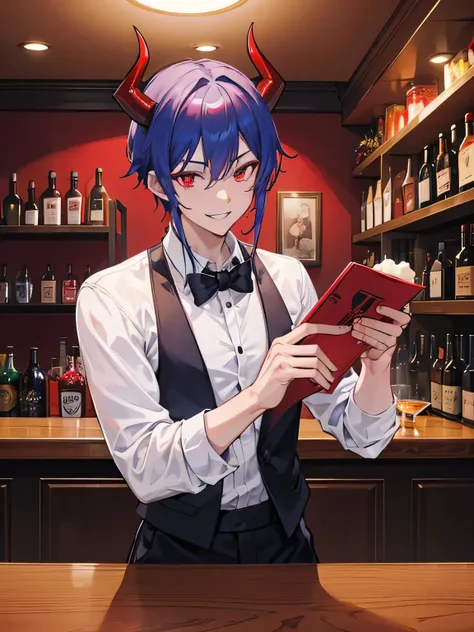 A handsome man, demon, butler, smiling, red crimson eyes color, dark blue hair color, demon horns, demon tails, demon wing, bartender, 27-year-old, laughing, open shirt, no Buttons, bar, wine, beer, shirtless