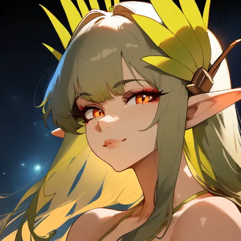 1girl, muelsyse (arknights), arknights masterpiece, best quality, very aesthetic, absurdres, newest ///// nyantcha, cutesexyrobutts, khyle ////// orange eyes, elf ears ///// simple background, space background, lime bikini, greenery, 18 years old girl, th...