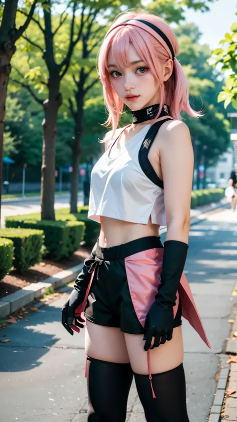 A girl cosplaying as the character sakura from the anime naruto shimpudder. She has long pink hair, a bandana tied in white, a green ninja vest, naruto shimpudder-like costume, Slightly open neckline, red color outfit with black, bright green eyes, tight b...