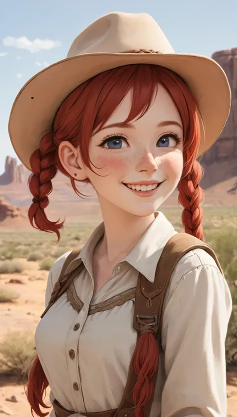 cheyenne、profile、Upper Body、masterpiece、Highest quality、One beautiful woman、Red hair、Pigtails、Braid、24-years-old、White skin、Cowboy Style、Western Hat、Moderate bust、Upper Body、smile、love、Freckles、Blushing cheeks、scenery、desert。