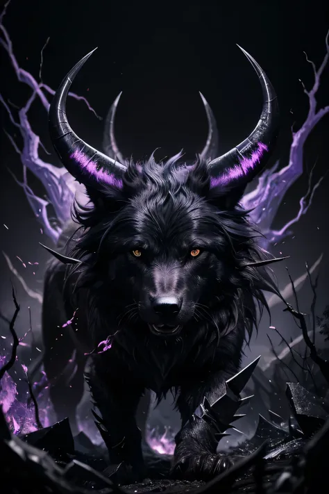 a black dire wolf, purple eyes, horns protruding from its head, each twisting like a gnarled branch as they came to a sharp poin...