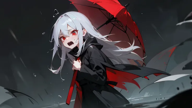 A terrifying expression of anger、Upper Body、Staring ahead、Beauty、Gray Hair、Tears、Eyes of a murky red、Black clothing、Raining background、Pitch black background。Screaming、I dont have anything in my hands、Wet、Just standing