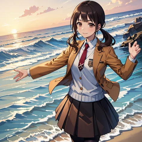 ((Highest quality,masterpiece))8k,Ultra-high resolution,Ultra-high resolution,Super detailed),Okitasawa with his hands behind his back on the beach at sunset, low twintails,brown jacket, red necktie, yellow sweater vest, blue skirt, pantyhose,Beautiful and...