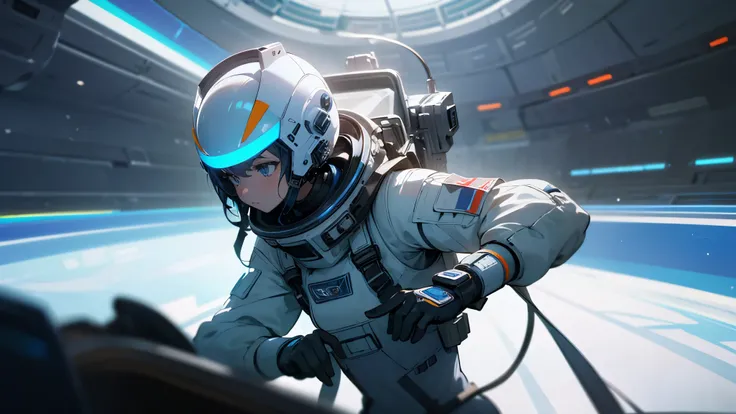 One girl, alone, Action Shots, Writing a blog,Wearing a spacesuit, Space Station, interior, Futuristic, Shine, (masterpiece:1.2), employment, Ultra-high resolution, 8k, high quality, (Sharp focus:1.2), clean, crisp, Cinematic