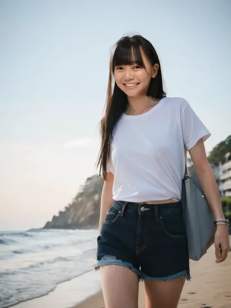 masterpiece,Highest quality(8k),Highest quality,masterpiece:1.2)、(Real、Photorealistic:1.37),Super detailed,A woman looking at the camera on the beach at Enoshima,Wearing a white T-shirt,Long black denim shorts,barefoot,barefoot,Posing for a photo,Distant s...